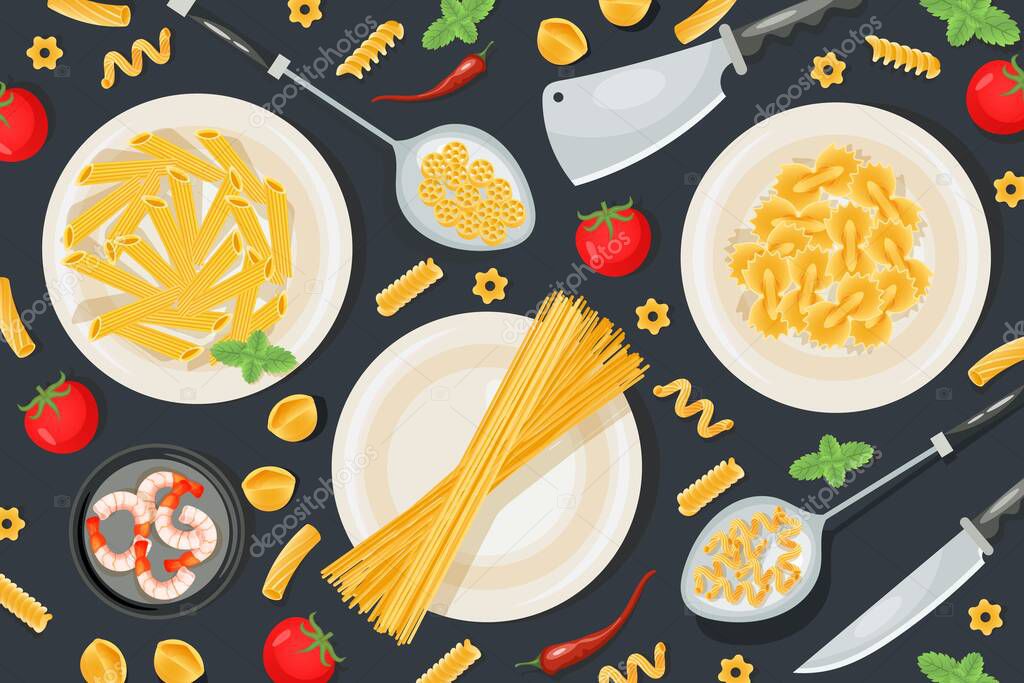 Italian pasta foodstuff, professional food preparation household utensils pattern flat vector illustration. Concept meal knife.