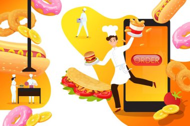 Çevrimiçi fast food siparişi, erkek aşçı karakter çöp yiyecekler konsepti düz vektör çizimi. İnternet uzak iletimi.
