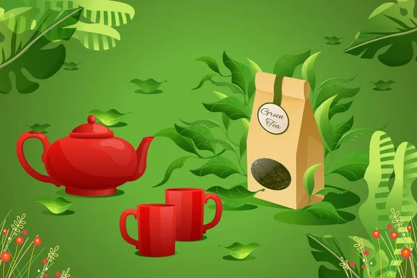 Pakiet luksusowa zielona herbata, czerwony czajnik pot rzeczy kreskówki wektor ilustracji. Strona internetowa banera kontaktowego, strona docelowa. — Wektor stockowy