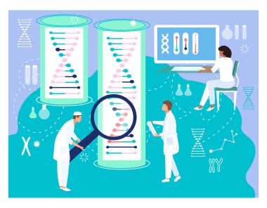 Küçük karakter erkek doktor ve araştırmacı doktor, bilim adamı büyüteç tutuyor deoksiribonükleik asit düz vektör çizimi.