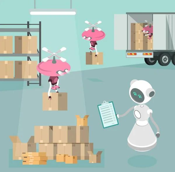 Robot znak skladu budoucí technologie nést box dodání, poštovní služba ploché vektorové ilustrace. Moderní dodávka dronu. — Stockový vektor