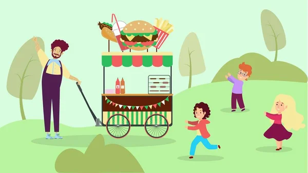 Calle café parque urbano nacional, jardín de la ciudad de comida rápida tienda plana vector ilustración. Niño personaje jugar al aire libre reserva y devorar alimentos . — Archivo Imágenes Vectoriales