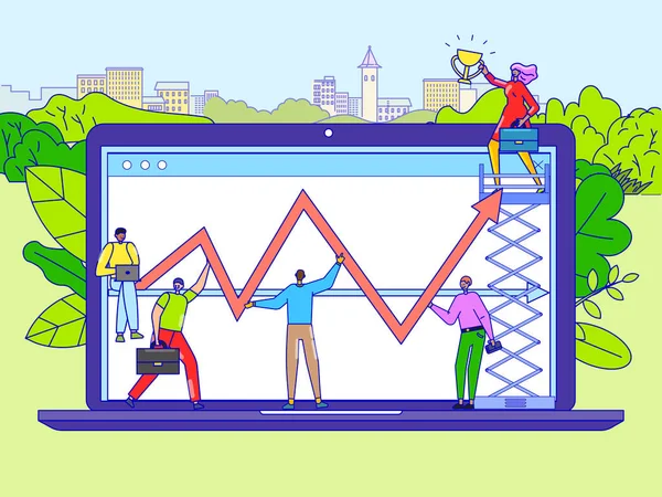 Csapatmunka siker stratégia vonal vektor illusztráció. Üzleti vállalat dolgozók férfi nő charcater nagy laptop tartani növekedési diagram — Stock Vector