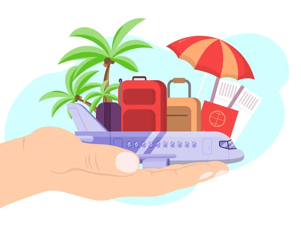 手を保持旅行飛行機パスポート手荷物と荷物隔離上白、フラットベクトルイラスト。コンセプト旅行休暇. — ストックベクタ