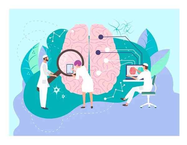Kleine karakter dokter man houden vergrootglas onderzoek menselijke hersenen platte vector illustratie. Biologie therapeutische wetenschapper zittende computer. — Stockvector