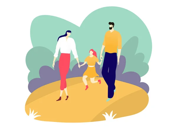 Heureux personnage père mère et fille ensemble marcher parc urbain en plein air, aimables gens loisirs jardin urbain isolé sur blanc, illustration vectorielle plat. — Image vectorielle