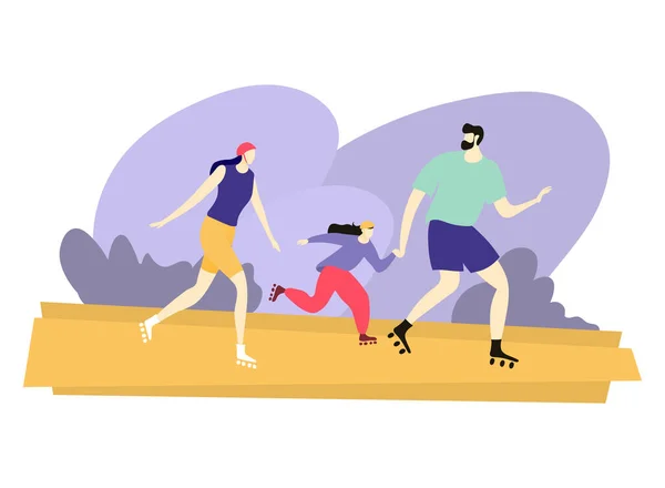 Vrolijke familie run roller skate, gelukkig karakter vader moeder en dochter lopen stadspark gebied geïsoleerd op witte, platte vector illustratie. — Stockvector