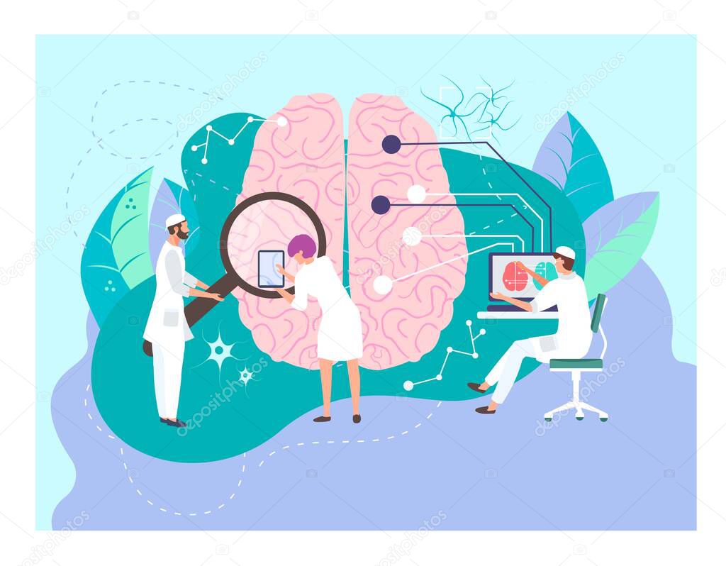 Tiny character doctor male hold magnifying glass research human brain flat vector illustration. Biology therapeutic scientist man sitting computer.