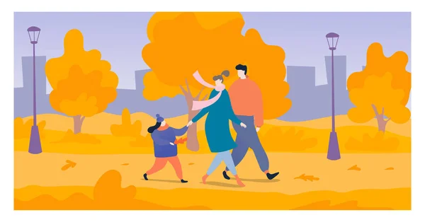 Joven familia paseo parque nacional al aire libre, alegre madre padre e hija paseo otoño jardín plano vector ilustración . — Vector de stock
