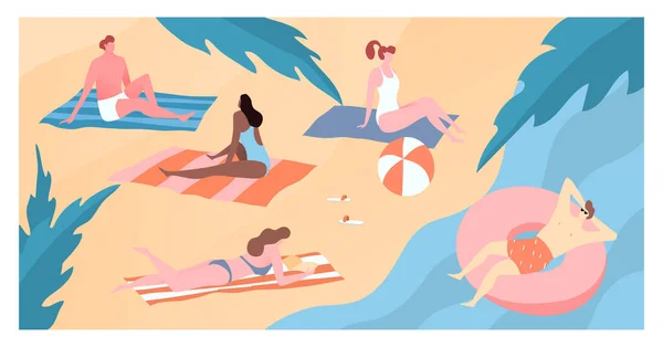 Personajes modernos personas viajan a orillas del mar país caliente, hombres mujeres bañistas arena playa plana vector ilustración. Zona de descanso tranquilo . — Vector de stock