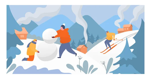 Mensen rusten berg winter sport, karakter man vrouw maken sneeuwpop en sporter skiër naar beneden alpine platte vector illustratie. — Stockvector