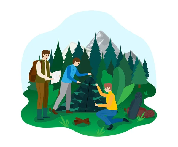 Senderismo camping área de parque nacional al aire libre, carácter masculino ecología paseo naturalista explorar bosque aislado en blanco, plana ilustración vectorial . — Archivo Imágenes Vectoriales