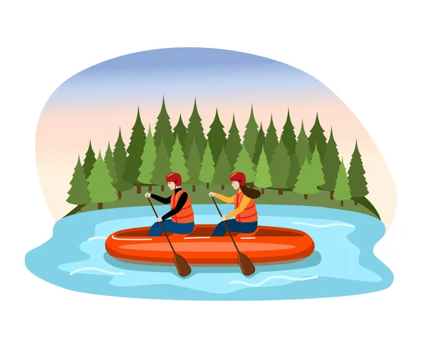 Couple male female character descent raft river, people float and rowing oar mountain lake isolated on white, flat vector illustration. — Stock Vector