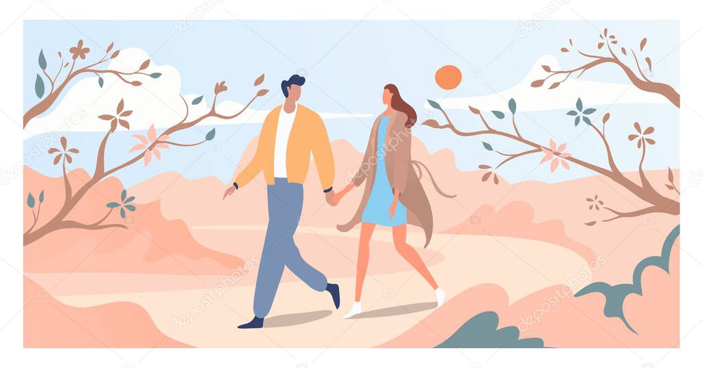 Lovely couple walk springtime bloom tree and flower, lover male female stroll spring period garden flat vector illustration.
