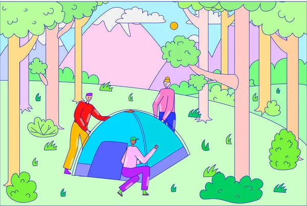 Grupo de pessoas em conjunto instalar tenda, personagem masculino caminhadas camping montagem ao ar livre floresta linha plana vetor ilustração arte . —  Vetores de Stock