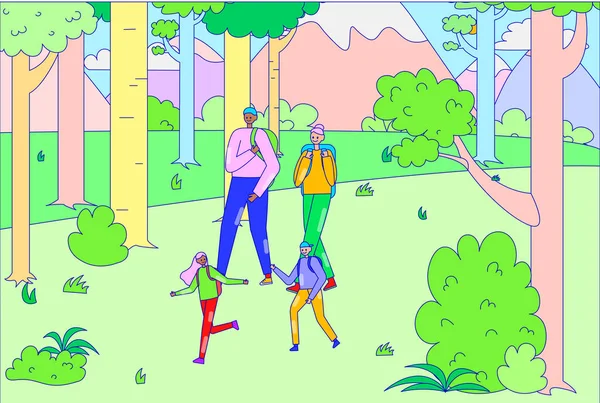 Family relaxing walk hiking camping outdoor tree forest place, character father mother boy daughter stroll woodland line, flat vector illustration art. — Stock Vector