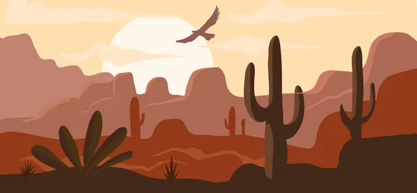 미국의 거친 서부 사막, 더운 대초원 풍경의 배경 풍경은 만화 벡터 삽화이다. 아무것도 모르는 생명없는 광야, 하늘을 나는 독수리. — 스톡 벡터