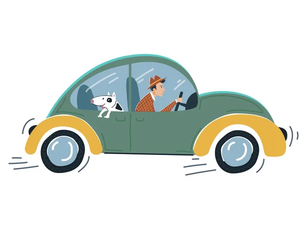 Erkek karakter kontrol arabası, kasvetli kişilik sürücüsü aracı beyaz, düz vektör illüstrasyonunda izole edilmiş komik köpeği olan. Acele et.. — Stok Vektör