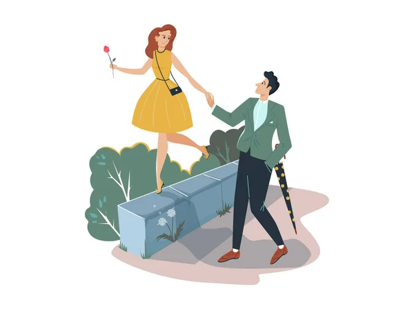 Lovely romantic date, man holding hand sweetheart female isolated on white, cartoon vector illustration. Character pair male and woman stroll. — Stock Vector