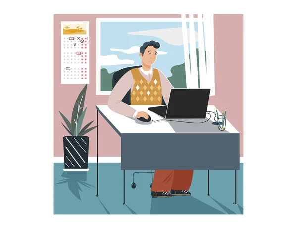 Muž postava sedí v kanceláři práce firma notebook, muž úředník obchodní společnost izolované na bílém, kreslené vektorové ilustrace. — Stockový vektor