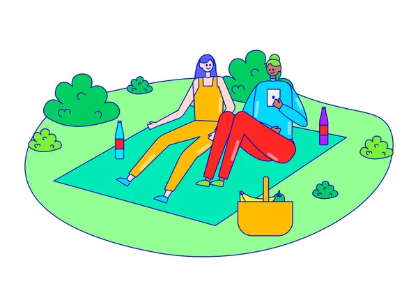 Kadın arkadaş pikniği açık hava bahçesinde, kadın dinlenme parkı beyaz, çizgi düz vektör çizimi. Birlikte rahatlayan biri.. — Stok Vektör