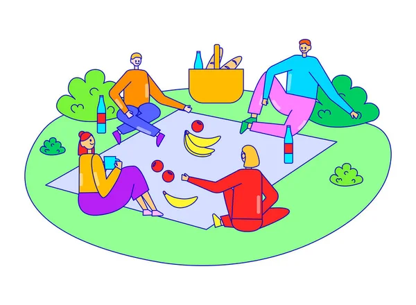 Grupo amigo relajarse juntos corporativo tiempo de picnic, personaje masculino diversión femenina al aire libre partido aislado en blanco, línea plana vector ilustración . — Archivo Imágenes Vectoriales