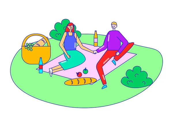 Precioso personaje de pareja macho hembra en cita romántica bosque, picnic bosque al aire libre relajarse aislado en blanco, línea plana vector ilustración . — Archivo Imágenes Vectoriales