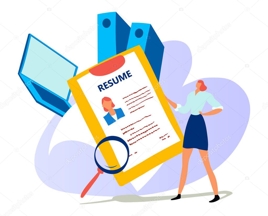 Tiny character female stand online job resume, woman hold working questionnaire isolated on white flat vector illustration. Concept labour office paper.