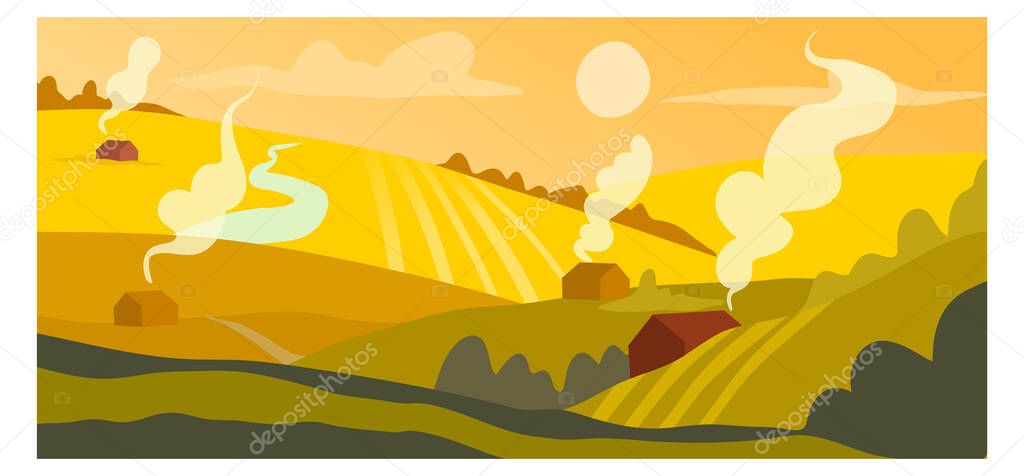 Harvest crops concept sowing field, countryside village landscape background nature banner cartoon vector illustration art.