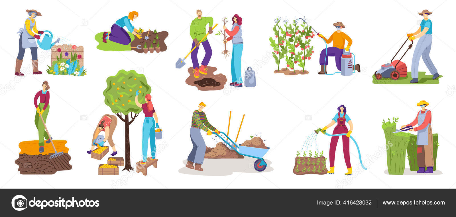La gente en la actividad de jardinería vector ilustración conjunto, dibujos  animados hombre plano mujer jardinero personaje haciendo iconos de trabajo  de jardín aislados en blanco Vector de stock #416428032 de  ©vectordreamsmachine, image size:1600x764
