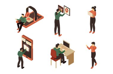 Alet vektör illüstrasyon seti olan iztrik insanlar, akıllı telefon kullanan karikatür 3D erkek kadın zımbırtı karakteri, beyaz bilgisayarla izole edilmiş.