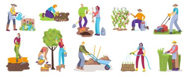 Bahçe işleri etkinliği illüstrasyon seti, karikatür düz erkek kadın bahçıvan beyaz üzerinde izole edilmiş bahçe işi simgeleri yapıyor