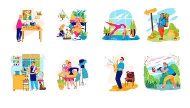 Hobi aktivite vektör illüstrasyonu seti, karikatür düz erkek kadın amatör karakter beyaz izole hobiler zevk