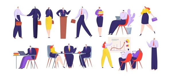 Zakenmensen vector illustratie set, cartoon platte actieve werknemer groep personages werken op kantoor samen geïsoleerd op wit — Stockvector