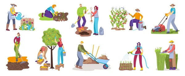 Pessoas em jardinagem atividade vetor ilustração conjunto, desenho animado homem plana mulher jardineiro personagem fazendo jardim trabalho ícones isolados no branco — Vetor de Stock