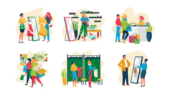Mensen in de mode winkel activiteit vector illustratie set, cartoon platte man vrouw winkelen in de boetiek, winkel pictogrammen geïsoleerd op wit — Stockvector