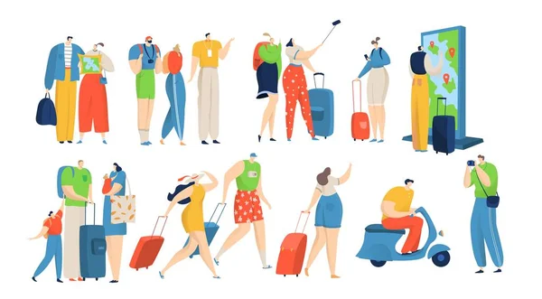 People travel vector illustration set, cartoon active flat man woman travelers with bag or suitcase, family or friends characters traveling — Stock Vector