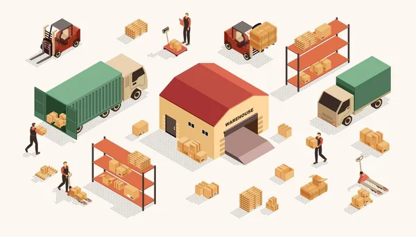 Conjunto de ilustración de vectores de almacén isométrico, 3d personas que trabajan en el almacén, cajas de carga de carácter trabajador en camiones, servicio logístico — Vector de stock