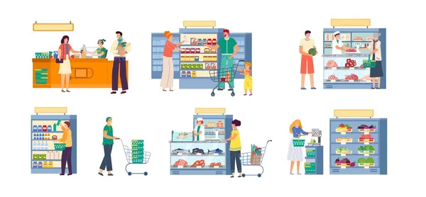 Mensen in supermarkt supermarkt vector illustratie set, cartoon platte vrolijke man vrouw of familie shopper personages met trolley kopen voedsel — Stockvector