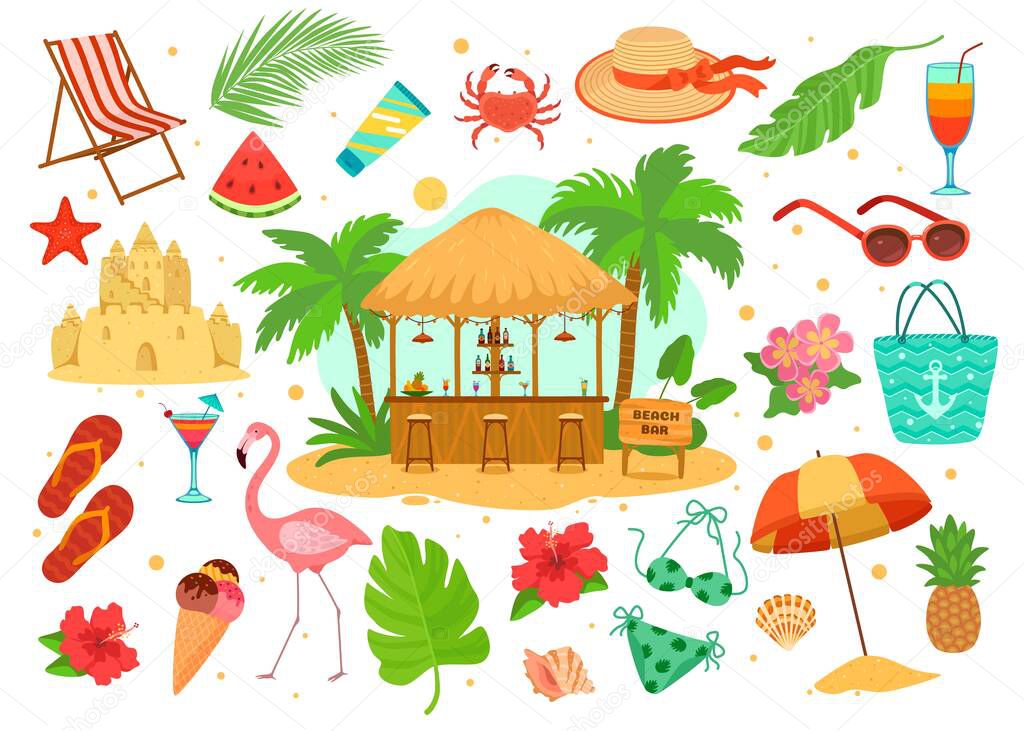 Summer sea beach objects vector illustration set, cartoon flat beachfront bar with tropical drink, vacation island element isolated on white