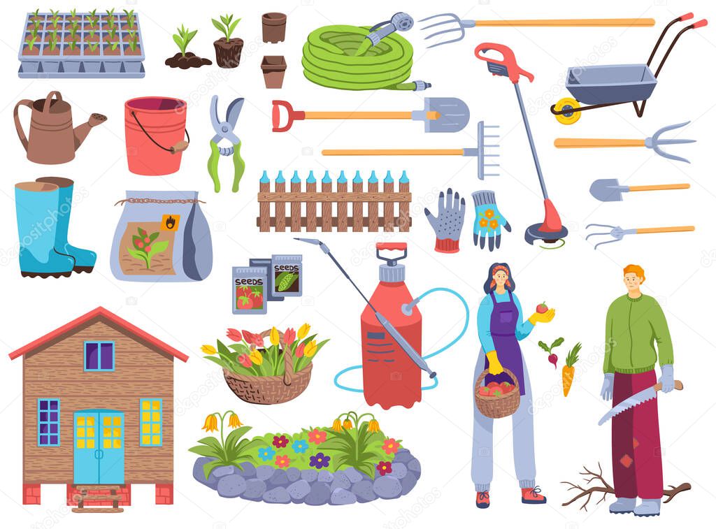 Garden tools vector illustration set, cartoon flat man woman gardener character with farm equipment for gardening work isolated on white