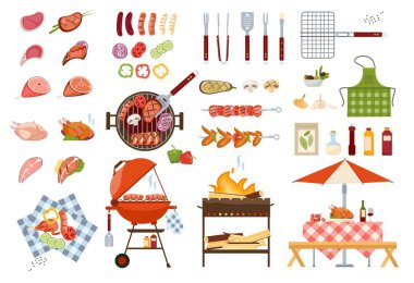 Barbekü ızgara yemek ve aletler vektör çizimleri, ızgara sığır eti, tavuk ya da balık bifteği, bbq sebze, domates soslu çizgi film seti.