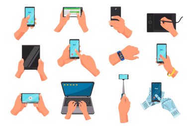 Gadget vektör illüstrasyon seti, çizgi film düz insan eli cep telefonu ya da mesajlı akıllı telefon, dizüstü bilgisayar, tablet