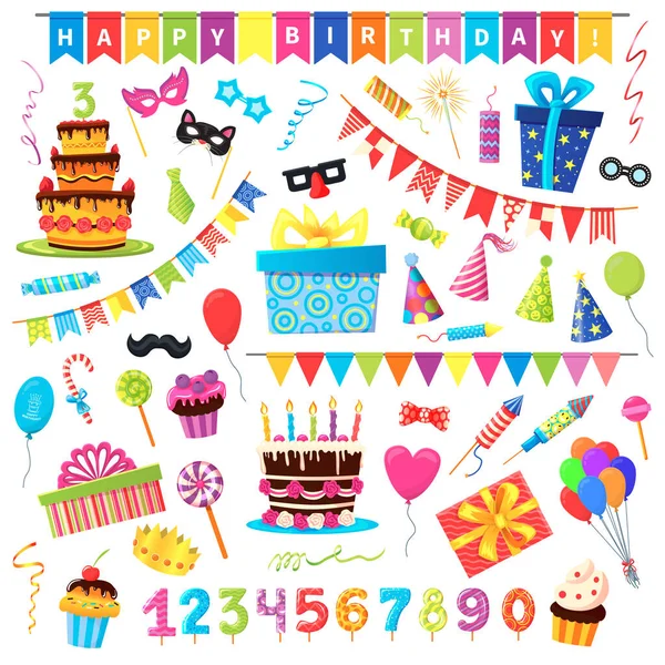 Verjaardagsfeest objecten vector illustratie set, cartoon platte verjaardag dag viering collectie met brandende kaarsen op geboortedatum taart — Stockvector