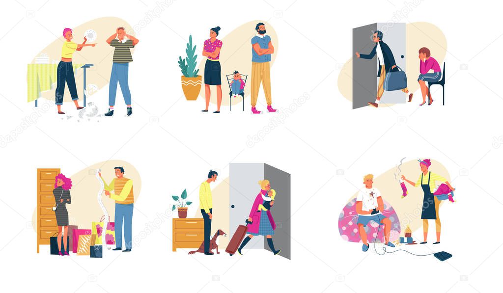 People in family conflict vector illustrations, cartoon flat angry couple characters quarreling conflicting, wife shouting at husband