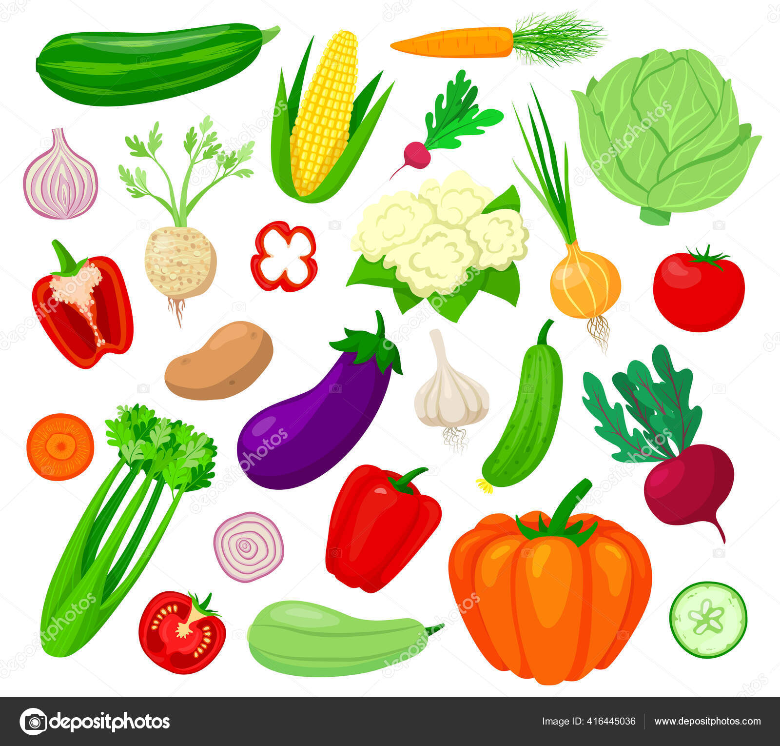 Vegetais Dos Desenhos Animados, Aipo, Abobrinha, Cebola, Cenoura E  Couve-flor. Vegetal Orgânico Fresco, Repolho De Comida Vegetariana E  Pepino. Conjunto De Símbolos Isolados De Vetores De Vegetais Royalty Free  SVG, Cliparts, Vetores