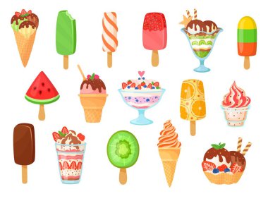 Dondurma vektör illüstrasyon seti, karikatür düz tatlı yemek koleksiyonu buzlu dondurmalı vanilyalı dondurma ya da dondurmalı waffle konileri, donmuş meyve konileri.