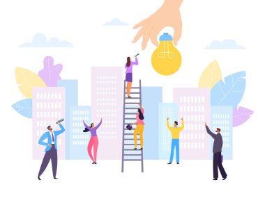 İş başarısı, başarı fikri vektör illüstrasyonlu düz el. İnsanlar iş adamı karakteri yaratıcı fikir için tırmanıyor