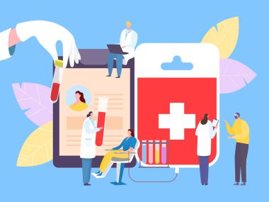 Kan bağışı konsepti, vektör çizimi. Hastanedeki gönüllü karakter, acil serviste tıbbi bağış ve yardım.