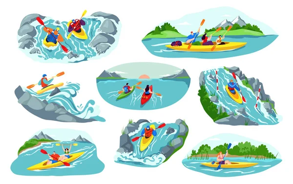 People kayaking vector illustration set. Cartoon flat man woman active kayaker characters canoeing, sitting in kayak boat, extreme activity — Stock Vector